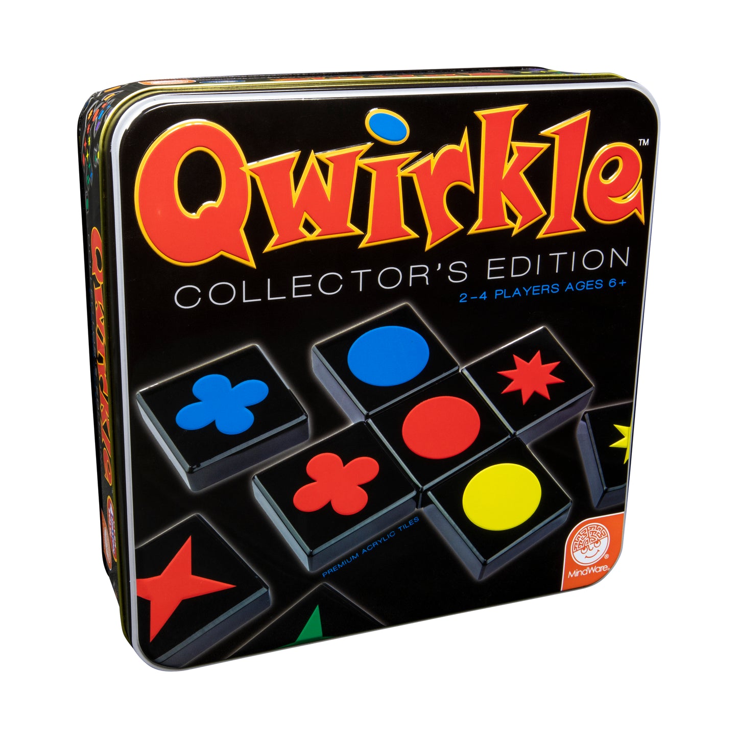 Qwirkle Collector's Edition board game box featuring colorful acrylic tiles with symbols including stars, circles, and flowers in blue, red, and yellow