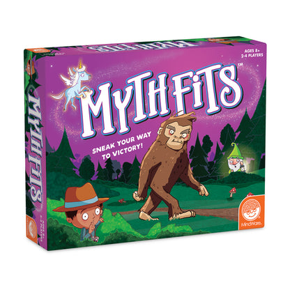 MythFits board game box featuring cartoon characters including a bigfoot, unicorn, gnome, and detective in a forest setting, ages 8+, 2-4 players