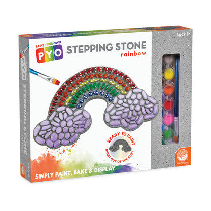 PYO Paint Your Own rainbow stepping stone kit showing a curved stone with purple wing texture, red and green peacock feather pattern, includes paint palette and