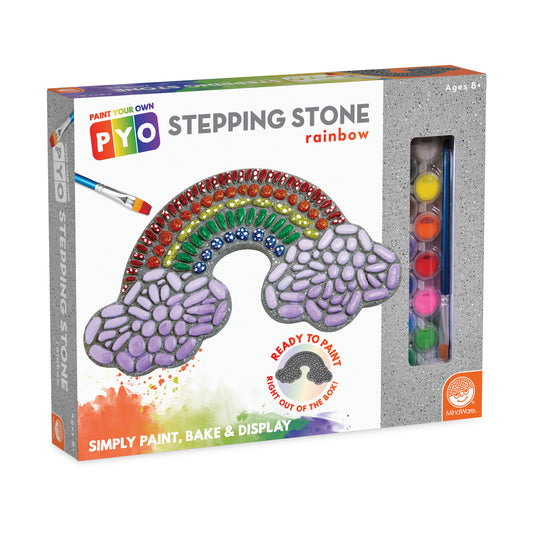 PYO Paint Your Own rainbow stepping stone kit showing a curved stone with purple wing texture, red and green peacock feather pattern, includes paint palette and