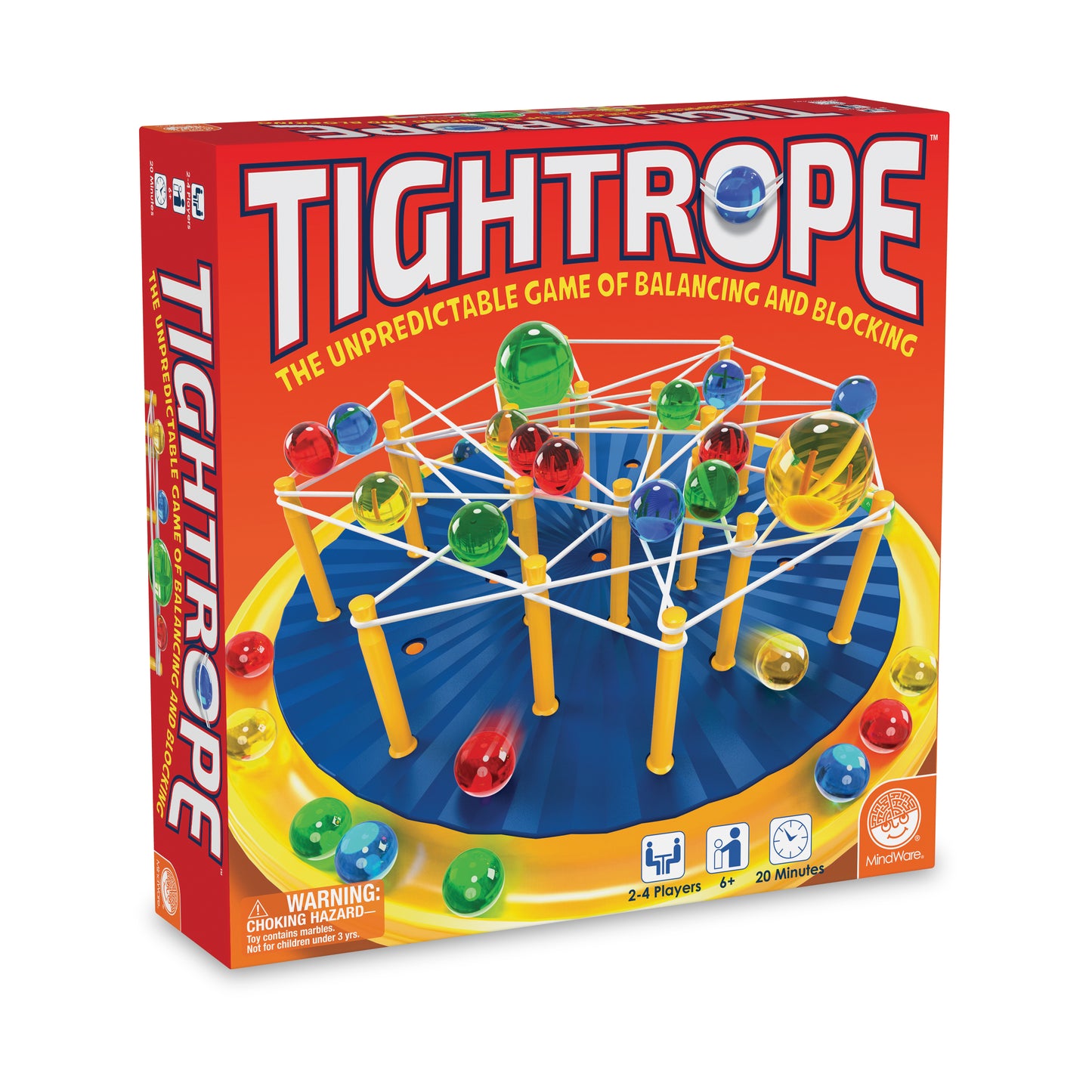 Tightrope board game box showing colorful marbles balanced on string pegs over a blue game board, for 2-4 players ages 6+