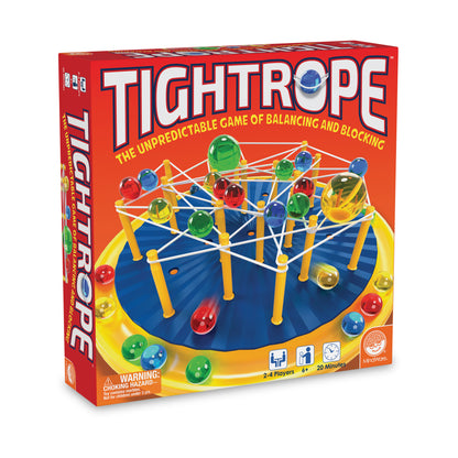 Tightrope board game box showing colorful marbles balanced on string pegs over a blue game board, for 2-4 players ages 6+