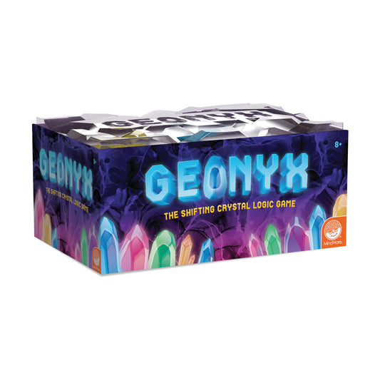 Geonyx Shifting Crystal Logic Game box with cyan glowing title text, purple crystalline background, and colorful crystal illustrations on lower front