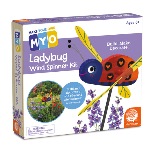Make Your Own Myo Ladybug Wind Spinner Kit box showing a red and blue ladybug craft with yellow wings and purple flowers