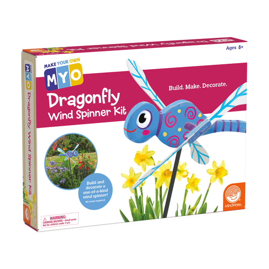 MYO Dragonfly Wind Spinner Kit box showing blue dragonfly with colorful decorations, blue feather wings, and yellow daffodils, ages 8+
