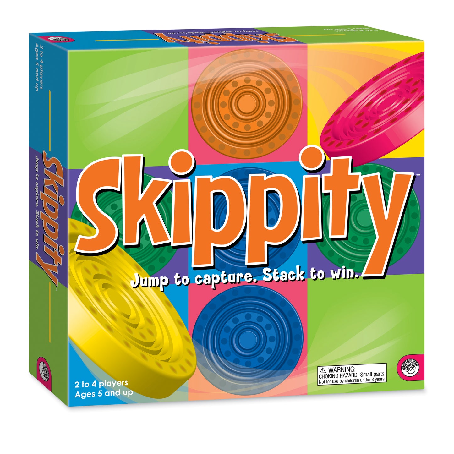 Skippity board game box featuring colorful stacked discs in orange, yellow, blue, and green with tagline 'Jump to capture. Stack to win.' for 2 to 4 players age