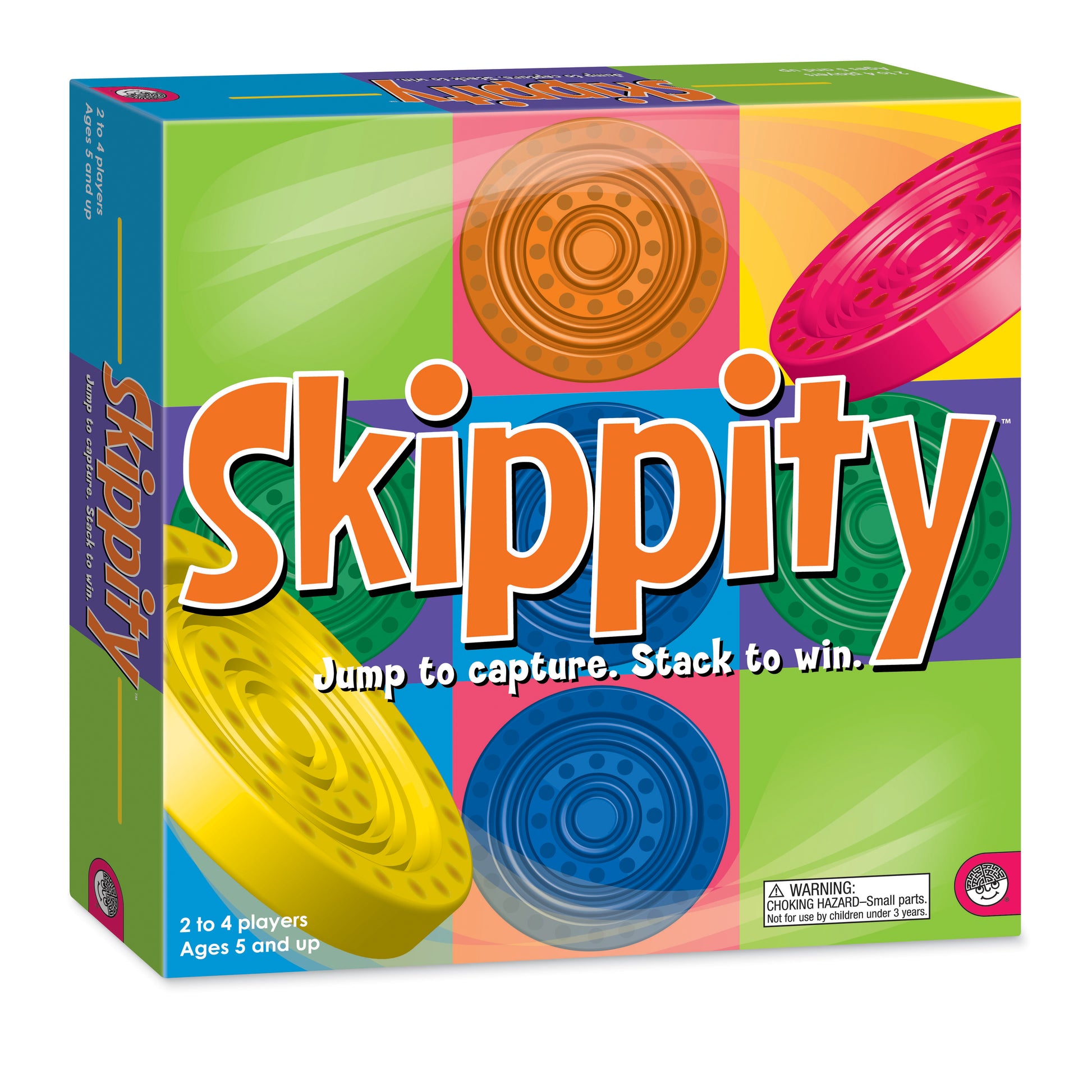 Skippity board game box featuring colorful stacked discs in orange, yellow, blue, and green with tagline 'Jump to capture. Stack to win.' for 2 to 4 players age
