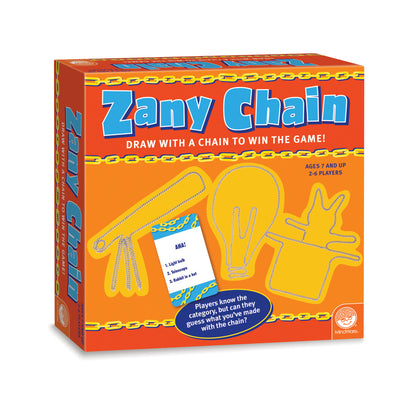 Zany Chain board game box with red and orange packaging, yellow chain-link shapes, and text reading "Draw with a Chain to Win the Game!" for ages 7 and up, 2-6