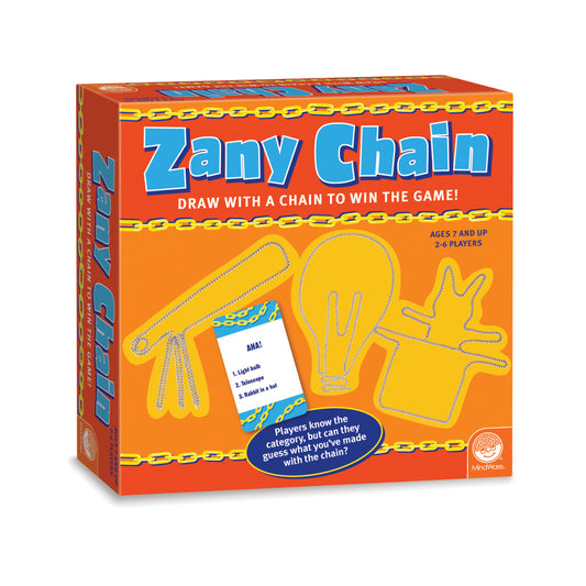 Zany Chain board game box with red and orange packaging, yellow chain-link shapes, and text reading "Draw with a Chain to Win the Game!" for ages 7 and up, 2-6