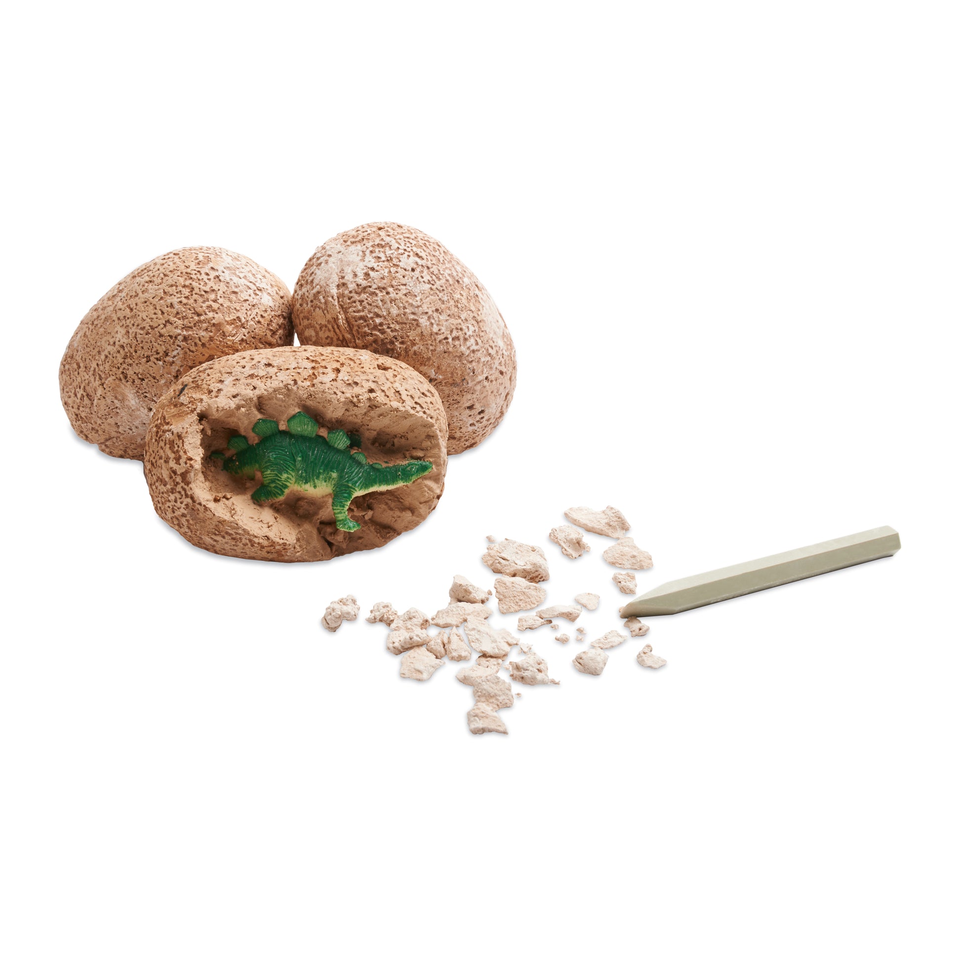 Dig It Up! Dinosaur Eggs toy set with brown excavation eggs, green dinosaur figure, and digging tool