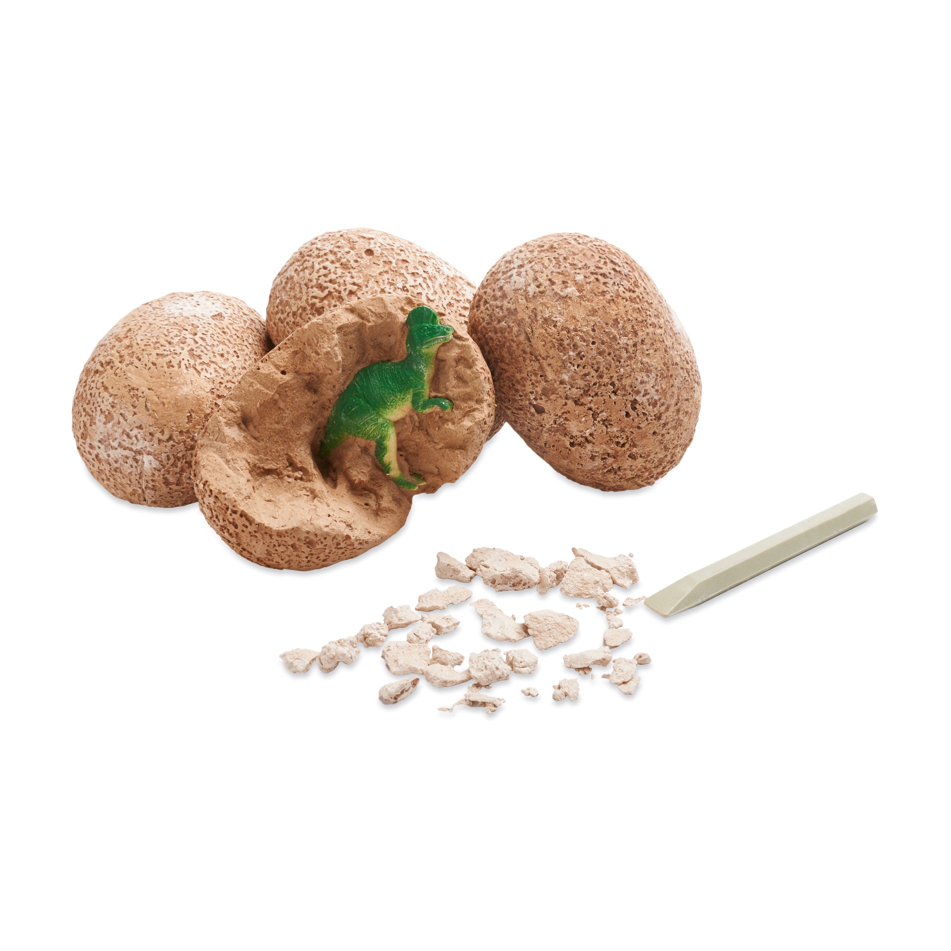 Dig It Up Dinosaur Eggs toy set with brown eggs, green dinosaur figure, and excavation tool