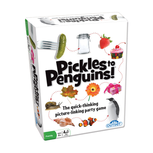 Pickles to Penguins! board game box by Outset, showing product name, illustrated items like pickle, strawberry, cupcake, penguin, and snail connected by dotted