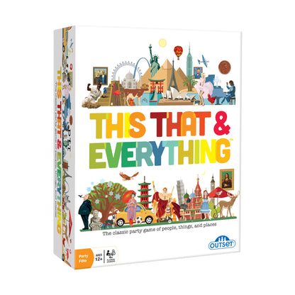 This That & Everything party game box showing colorful illustrations of world landmarks, people, and objects with game title in multicolored letters