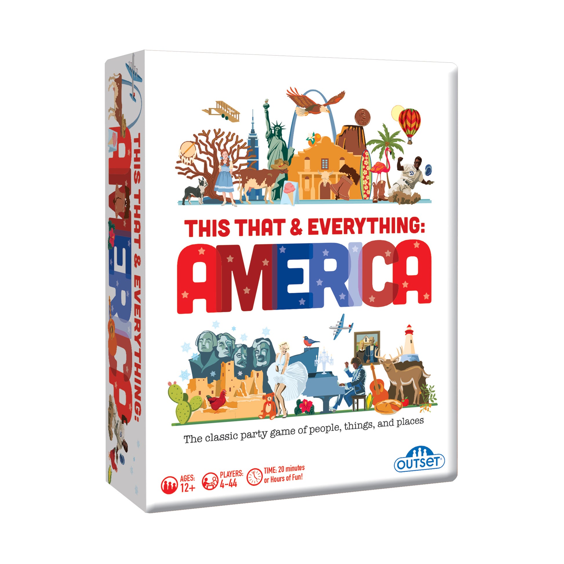 This That & Everything: America board game box featuring illustrated American landmarks, people, and cultural icons with red, white, and blue text