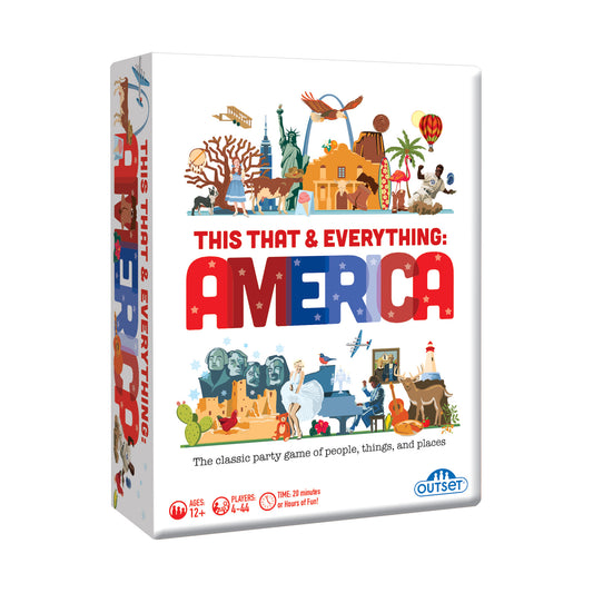 This That & Everything: America board game box featuring illustrated American landmarks, people, and cultural icons with red, white, and blue text