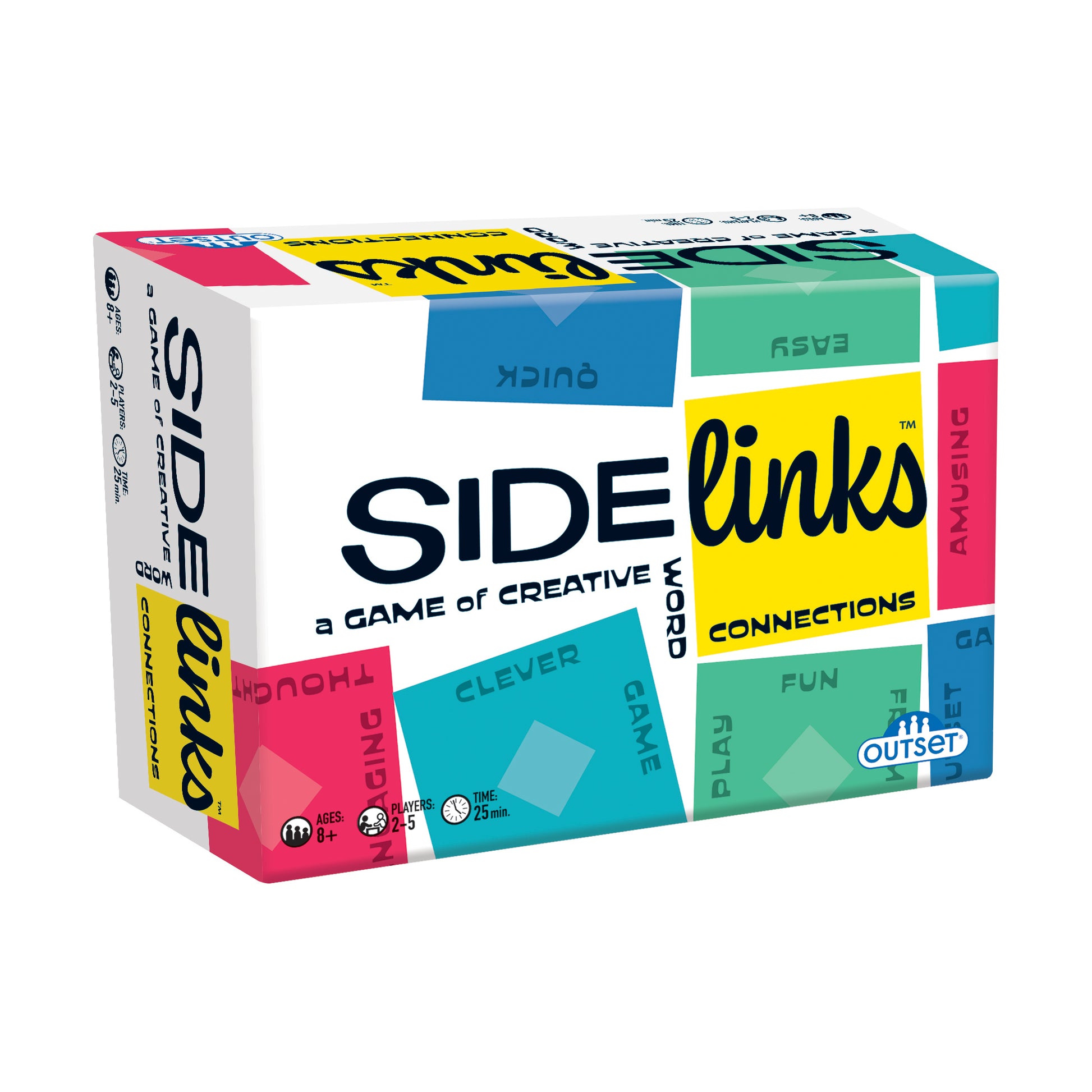 Side Links board game box featuring colorful geometric design in pink, yellow, blue, green, and teal with text describing it as a game of creative word connecti