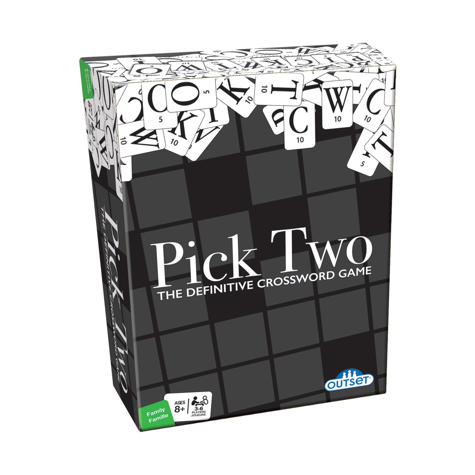 Pick Two board game box featuring black grid pattern with letter tiles and point values displayed on top