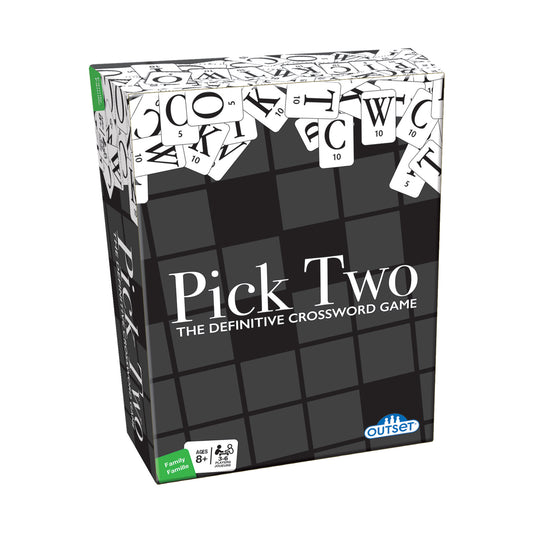 Pick Two board game box featuring black grid pattern with letter tiles and point values displayed on top
