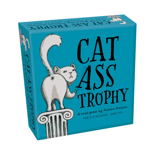 Cat Ass Trophy card game box with turquoise blue packaging and white cat illustration