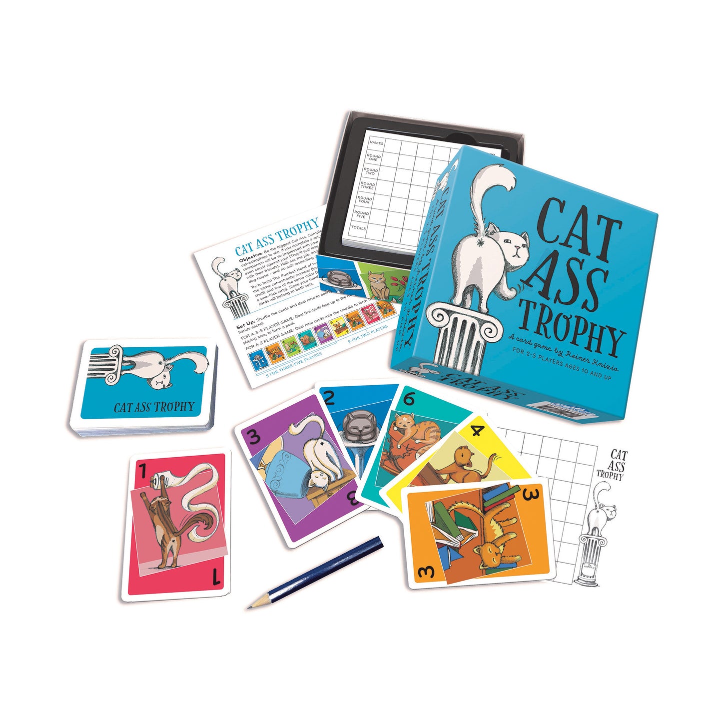 Cat Ass Trophy board game with cards, scoring grid, and pencil