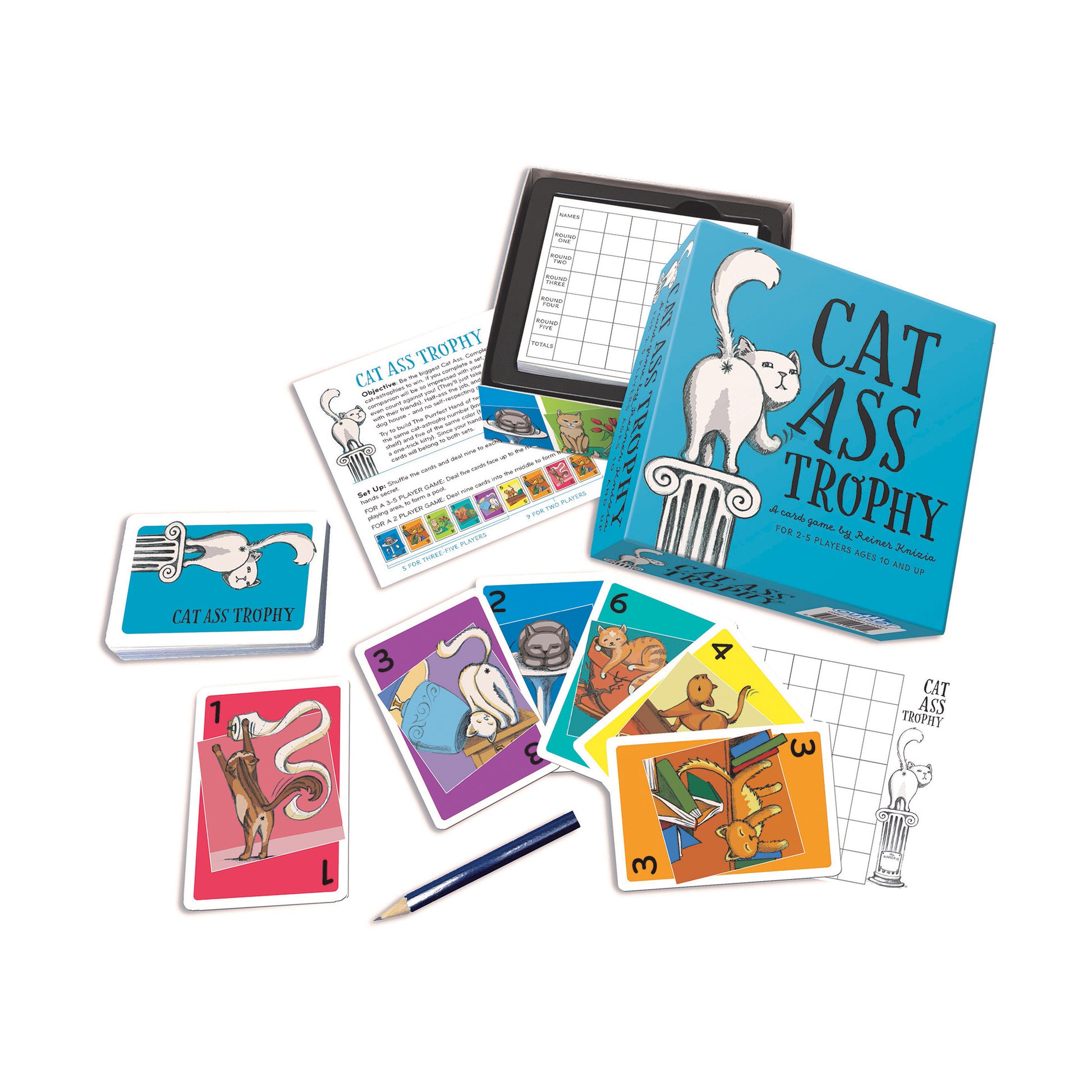 Cat Ass Trophy board game with cards, scoring grid, and pencil