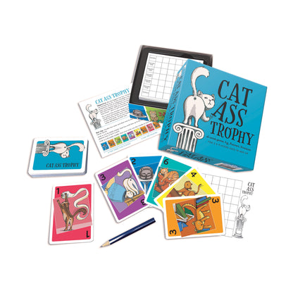 Cat Ass Trophy board game with cards, scoring grid, and pencil