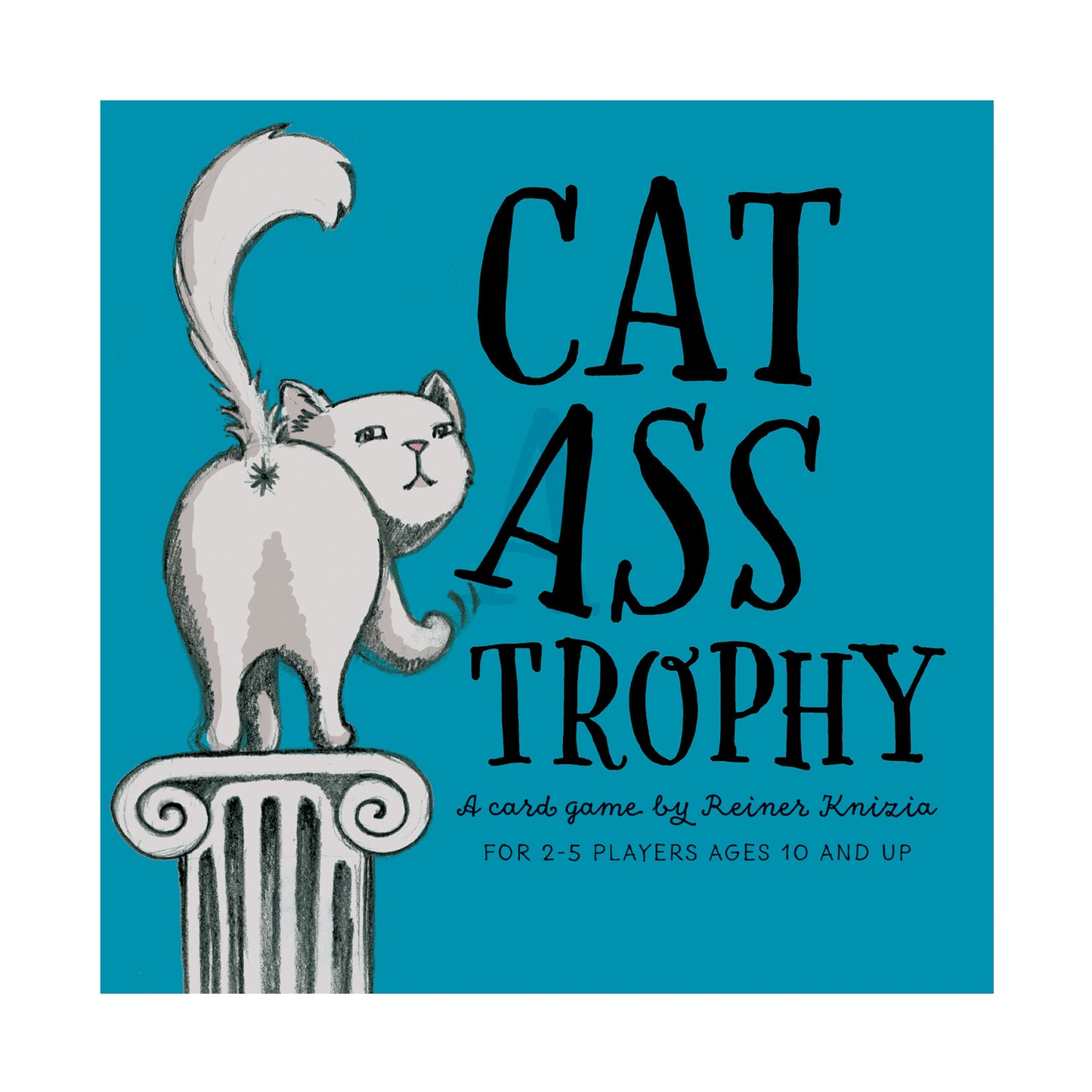 Cat Ass Trophy card game box featuring white cat on turquoise background