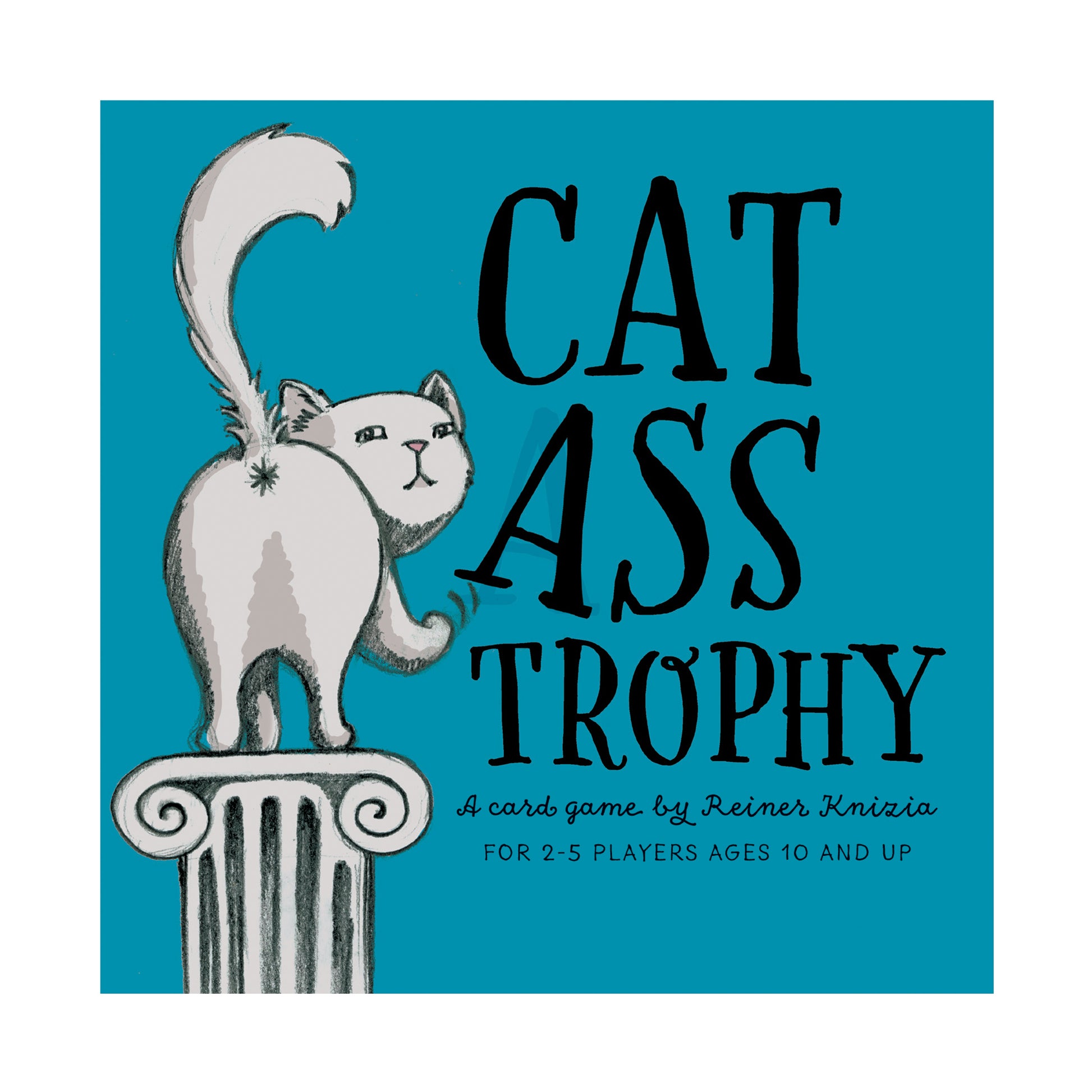 Cat Ass Trophy card game box featuring white cat on turquoise background