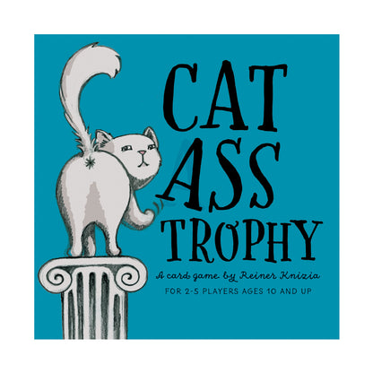 Cat Ass Trophy card game box featuring white cat on turquoise background