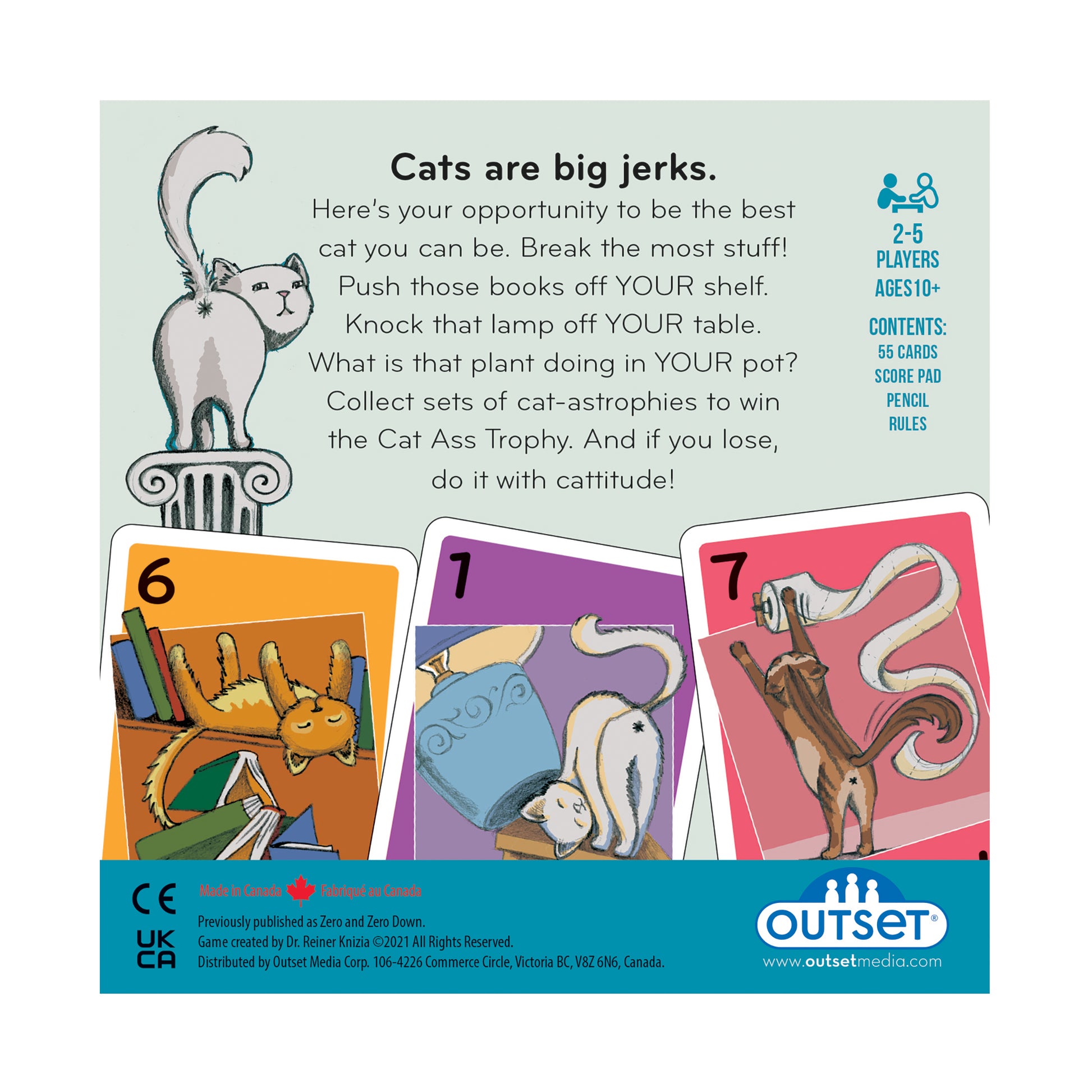 Cat Ass Trophy card game box showing colorful game cards with cats and household items