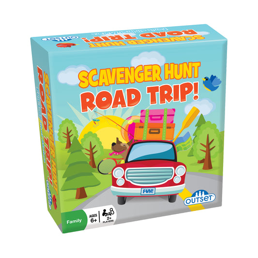 Scavenger Hunt Road Trip! board game box showing a red car loaded with colorful luggage on a sunny road with trees, clouds, and a flying bird