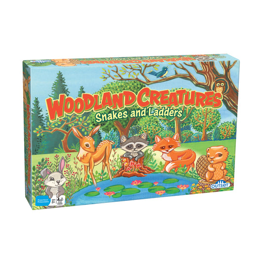 Woodland Creatures Snakes and Ladders board game box featuring illustrated forest animals including deer, raccoon, fox, and beaver in a woodland scene