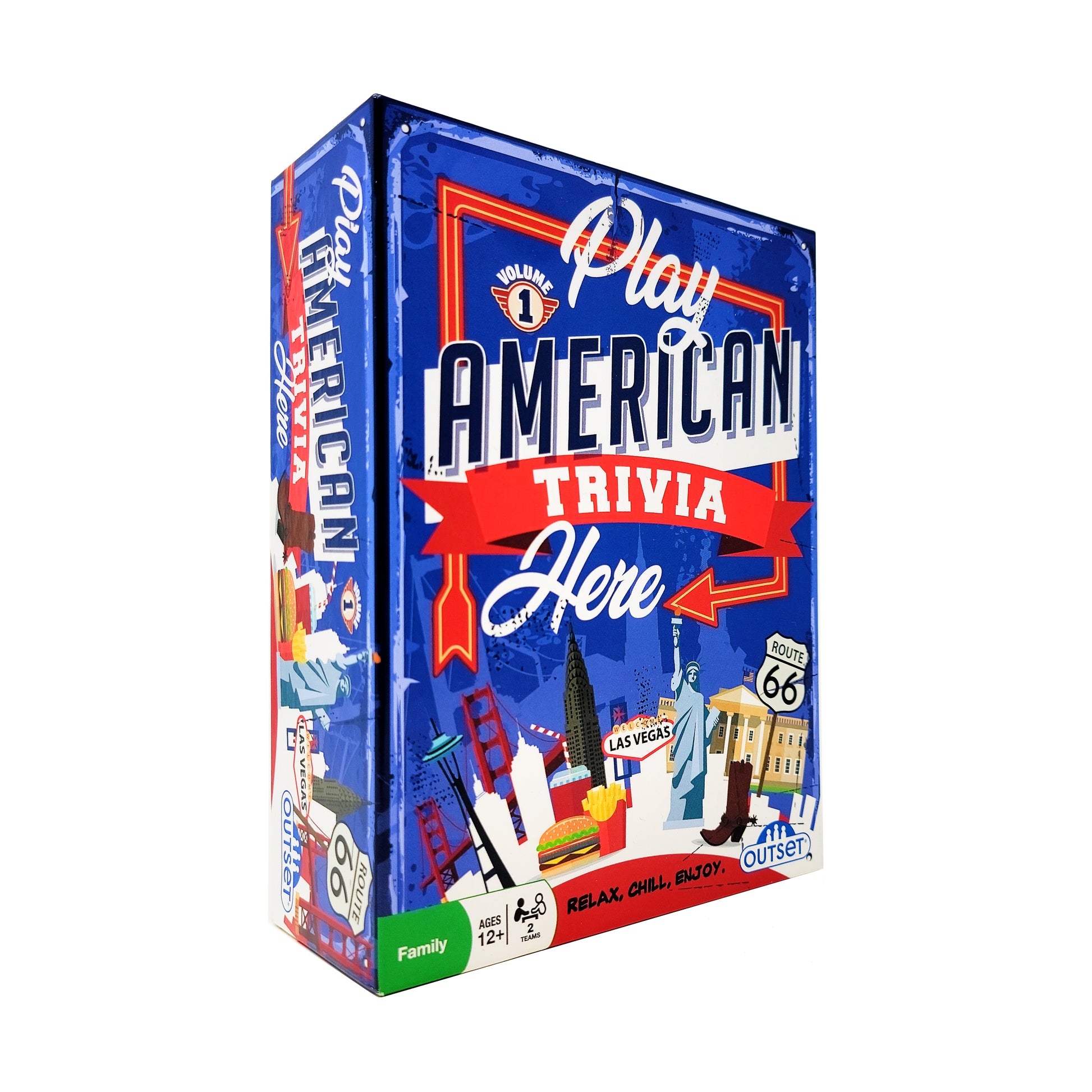Play American Trivia Here Volume 1 board game box featuring blue packaging with red neon-style lettering, American landmarks, and Route 66 imagery