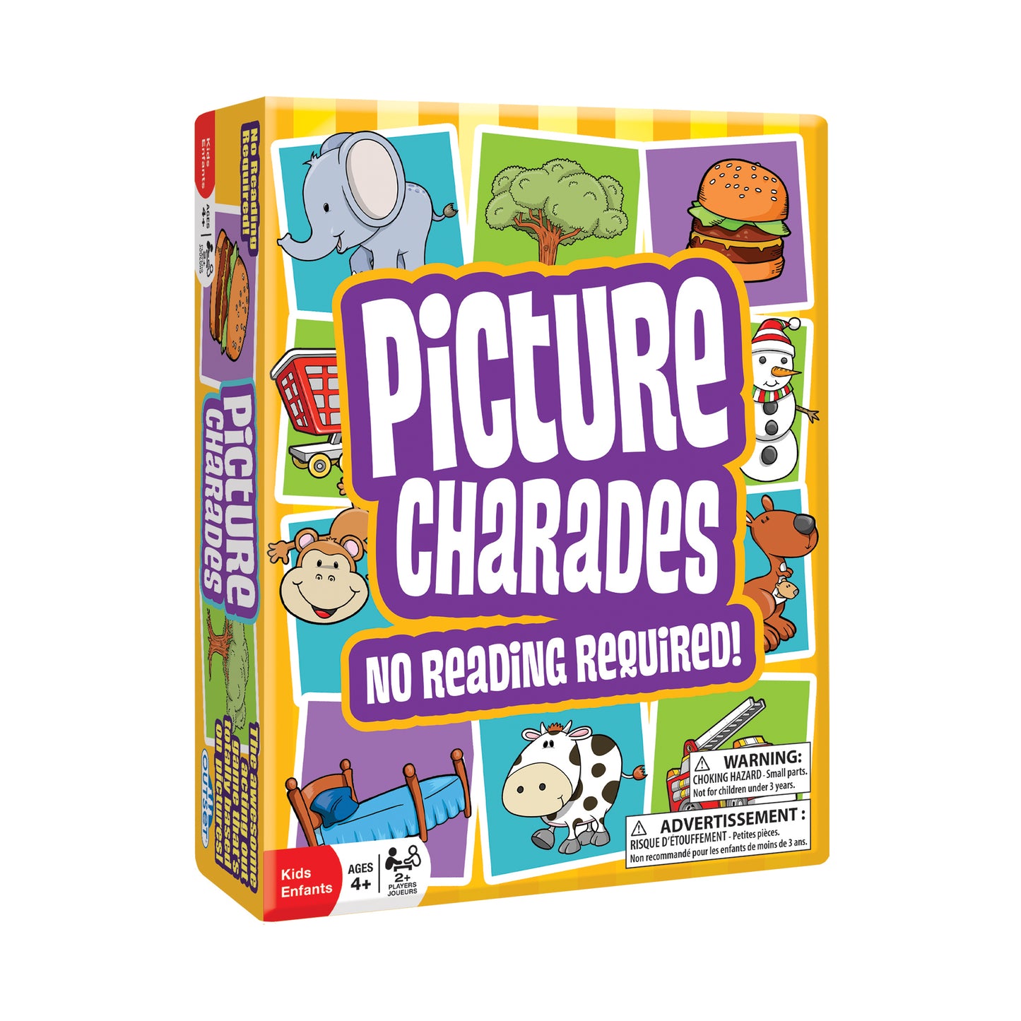 Picture Charades board game box with colorful illustrations, ages 4+, no reading required