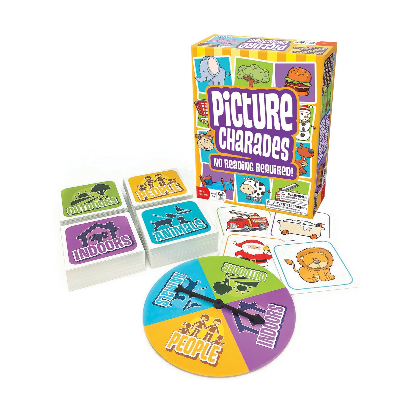 Picture Charades board game with colorful spinner, category cards, and picture cards displayed