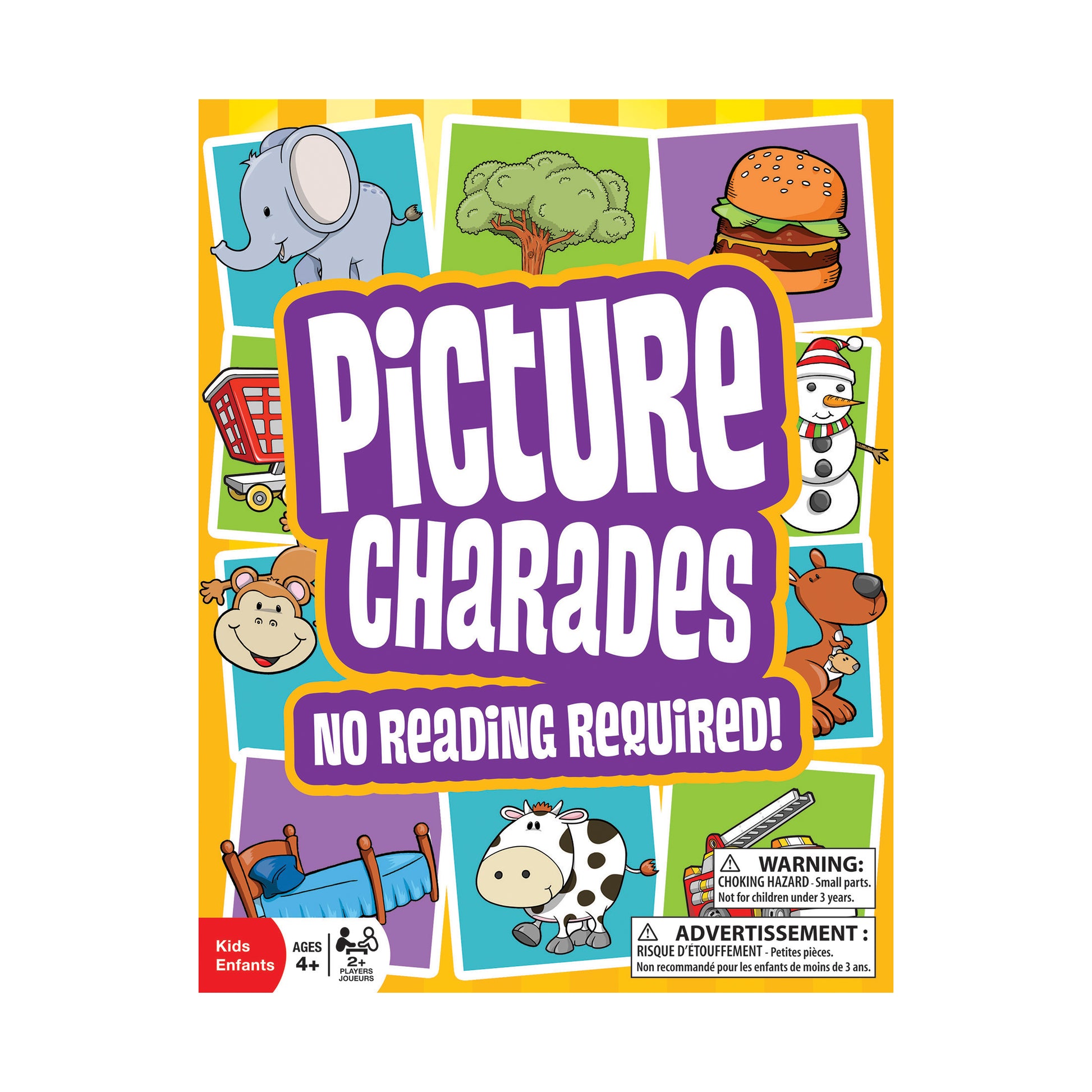 Picture Charades No Reading Required board game box with colorful illustrations of elephant, tree, hamburger, and ani...
