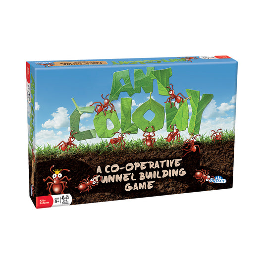 Ant Colony Adventure Board Game box showing red ants building tunnels underground with green leaf letters above, cooperative gameplay for ages 5+
