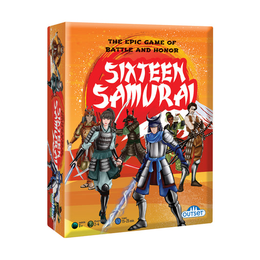 Sixteen Samurai board game box featuring illustrated samurai warriors in armor with swords against orange and red gradient background, Outset Games publisher lo