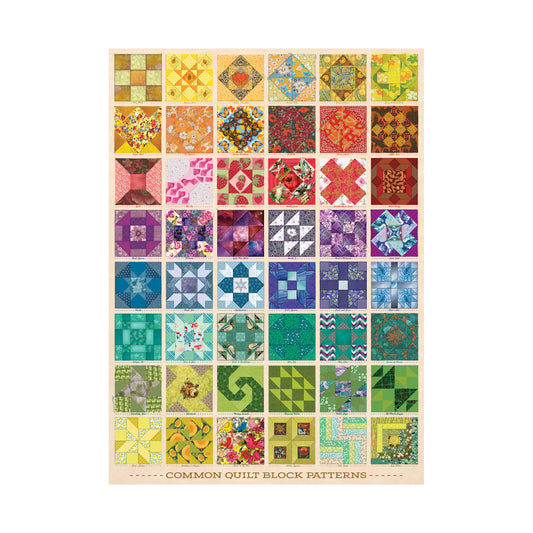 Common Quilt Block Patterns educational chart showing 54 colorful fabric quilt squares arranged in a grid, featuring traditional patchwork designs in gold, pink