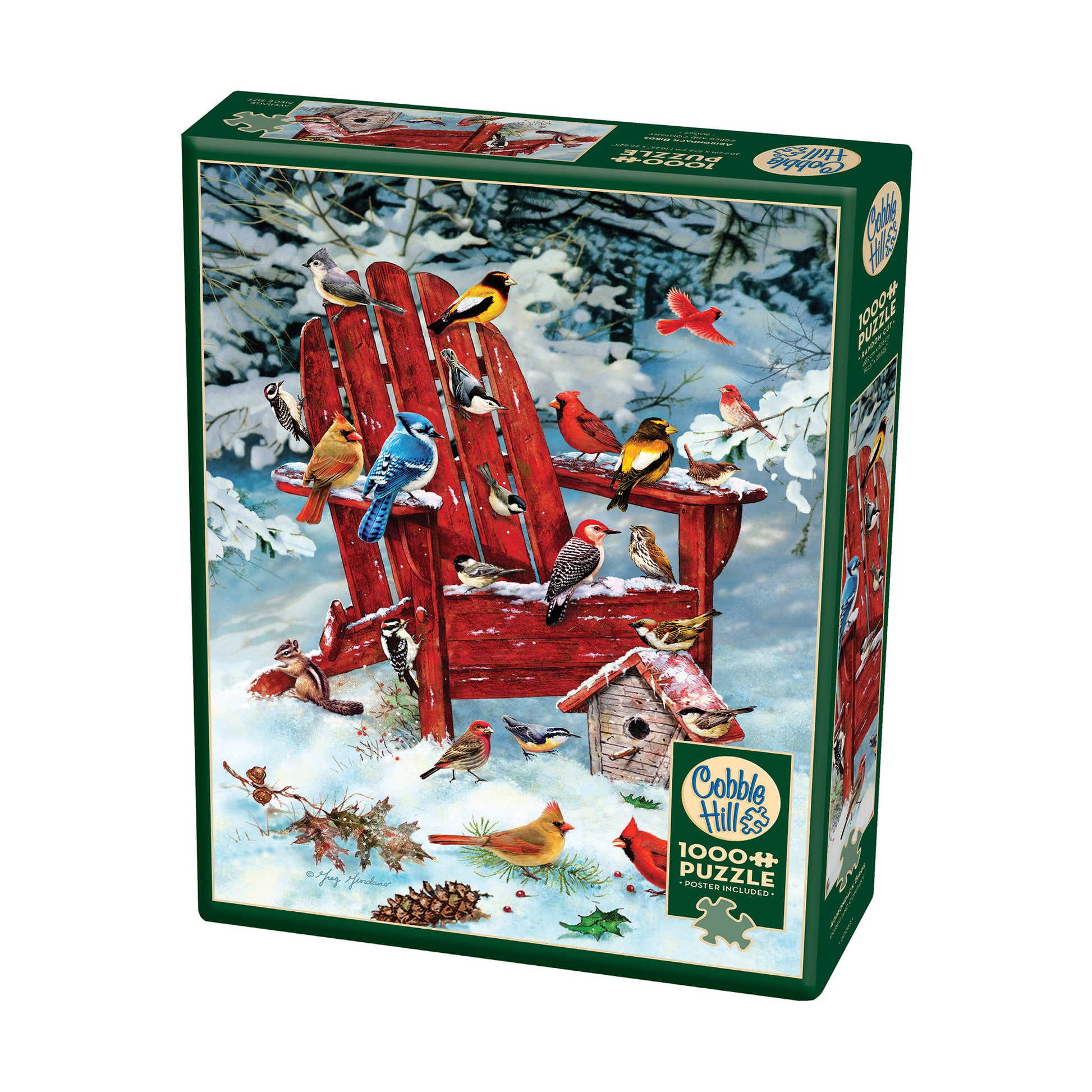 Cobble Hill Adirondack Birds 1000-piece jigsaw puzzle box featuring colorful winter birds perched on and around a red wooden chair in snow
