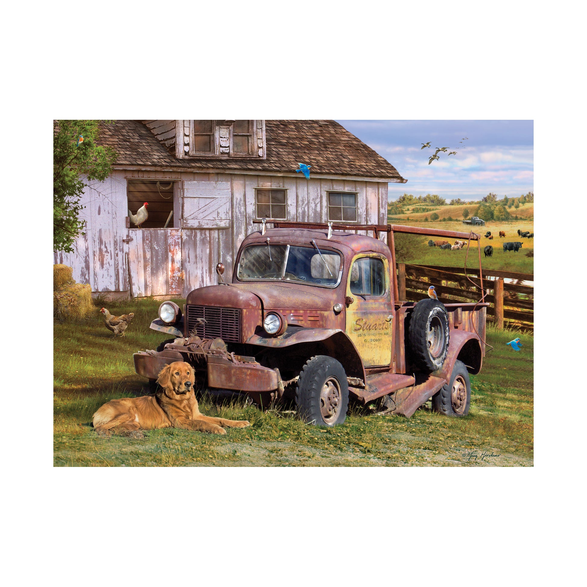 Illustrated farm scene with a golden retriever lying in front of a rusty vintage truck parked beside a weathered barn with chickens and cattle in the background