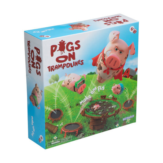 Pigs on Trampolines Bouncing Game box showing pink pig characters launching from red trampolines on green grass