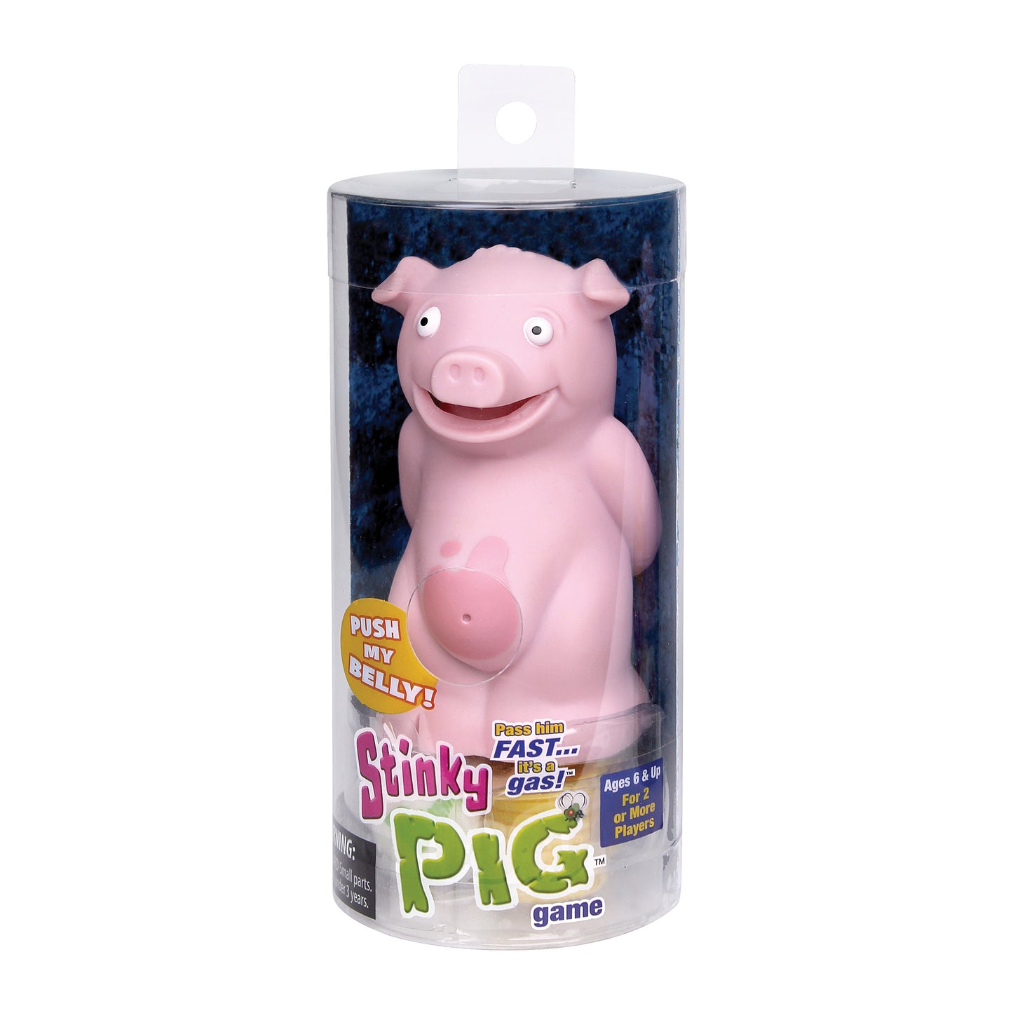 Stinky Pig Game in packaging, pink pig toy with white eyes and smiling expression inside clear cylindrical case with blue velvet background