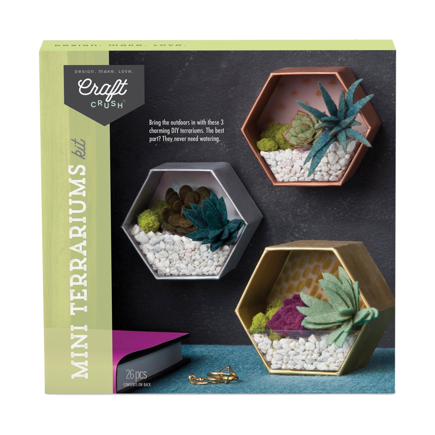 Craft Crush Mini Terrariums Kit box showing three hexagonal terrariums with felt succulents, white stones, and moss in gray, copper, and gold containers