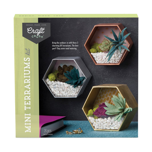 Craft Crush Mini Terrariums Kit box showing three hexagonal terrariums with felt succulents, white stones, and moss in gray, copper, and gold containers
