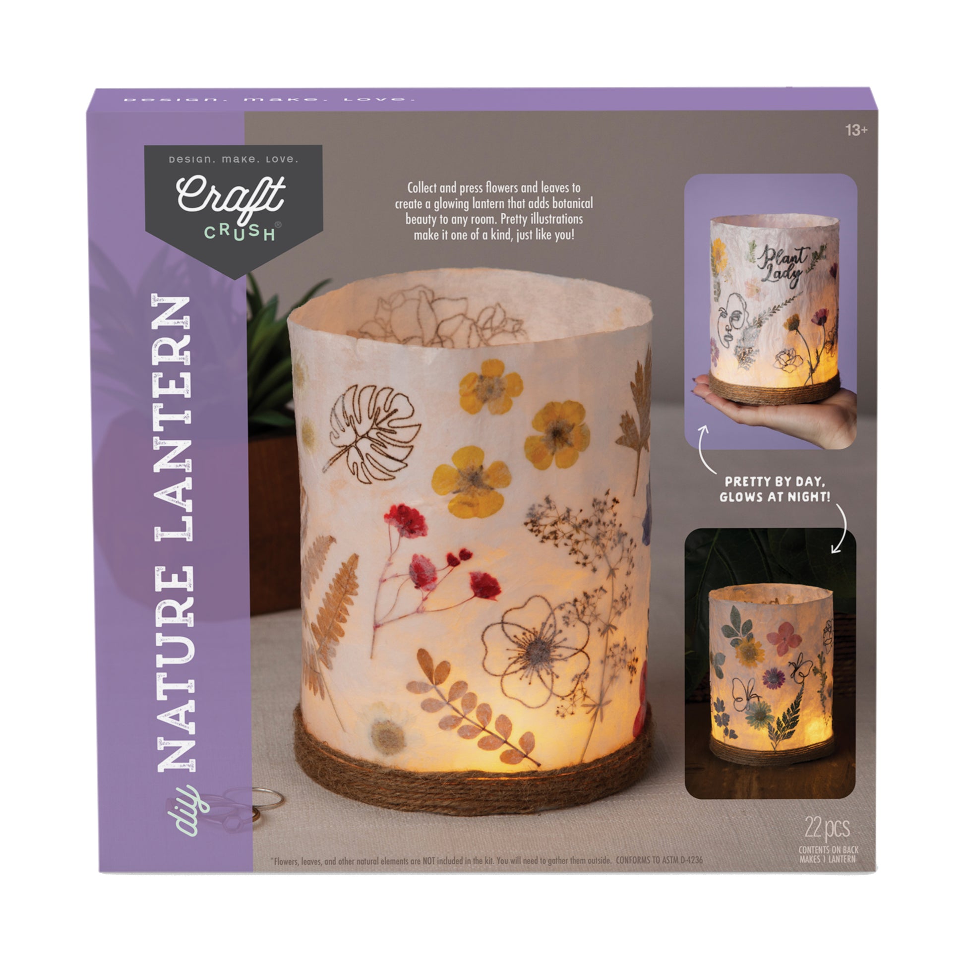 Craft Crush DIY Nature Lantern Kit packaging showing illuminated cylindrical lantern decorated with pressed flowers and leaves, with product details and glow-in