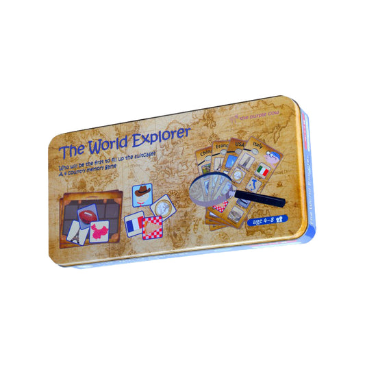 The World Explorer board game box featuring a world map design, game cards with country flags, a magnifying glass, and game pieces on a tan and blue tin case, a