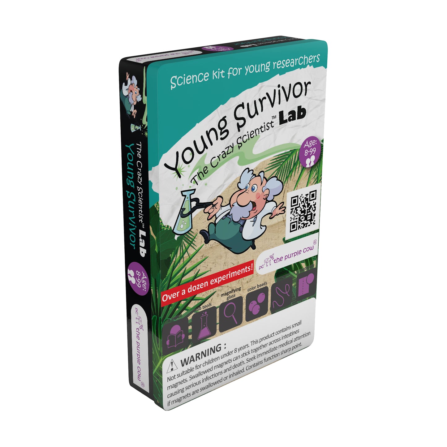 The Crazy Scientist Lab Young Survivor science kit box featuring cartoon scientist character, age 8-99, with magnifying glass and tools icons