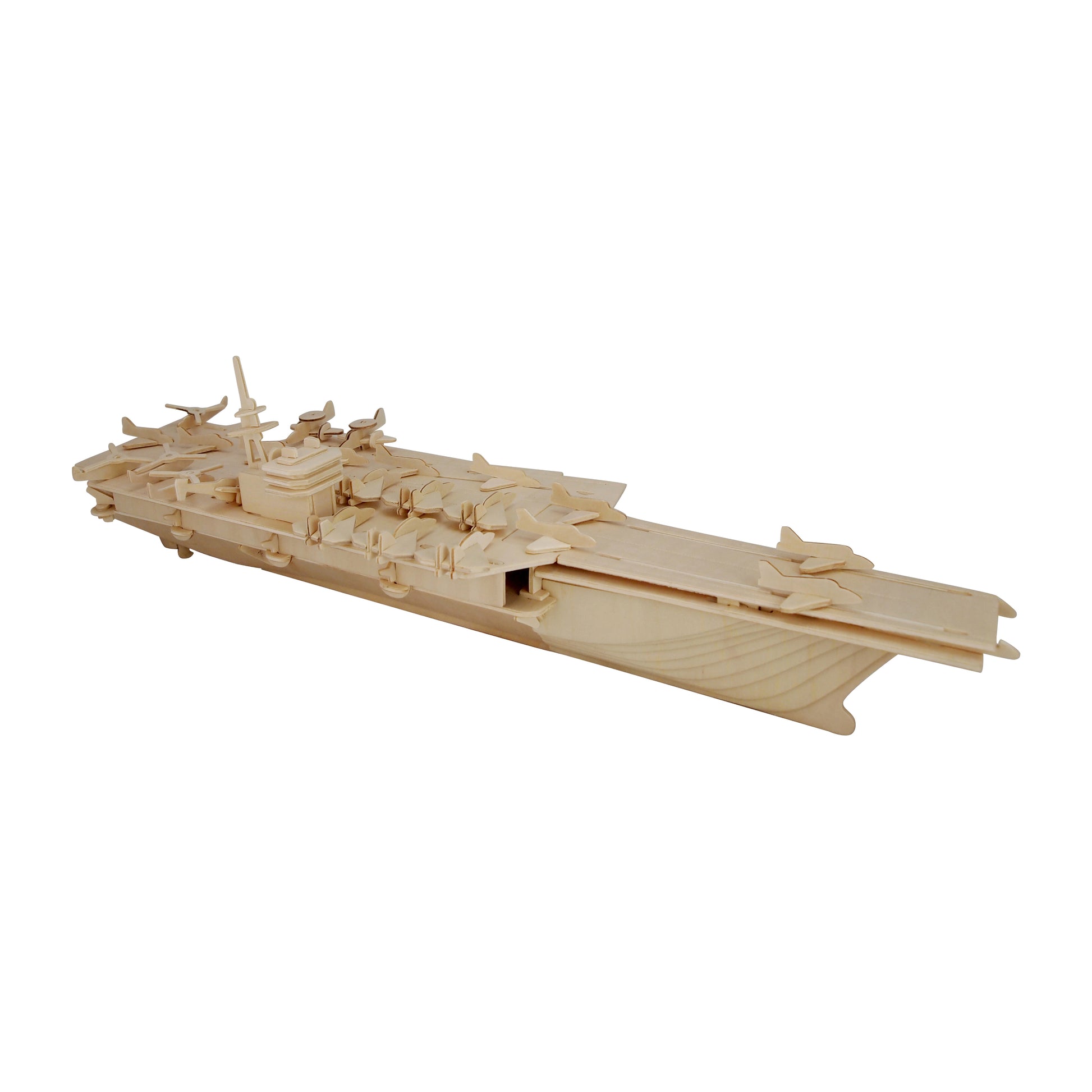 Natural wood aircraft carrier 3D wooden puzzle model on plain background