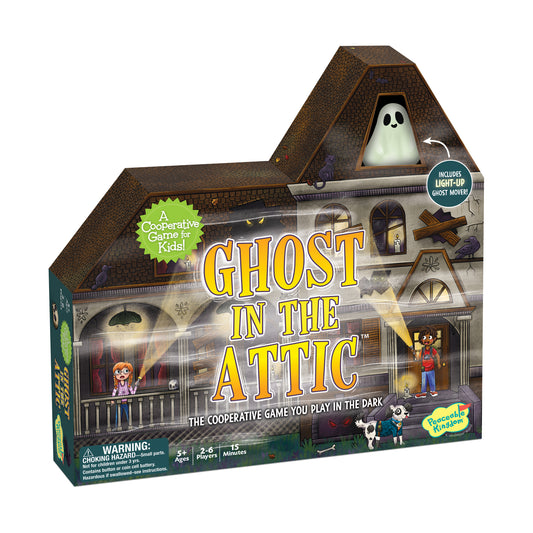 Ghost in the Attic board game box shaped like a haunted house with glow-in-the-dark ghost mover included